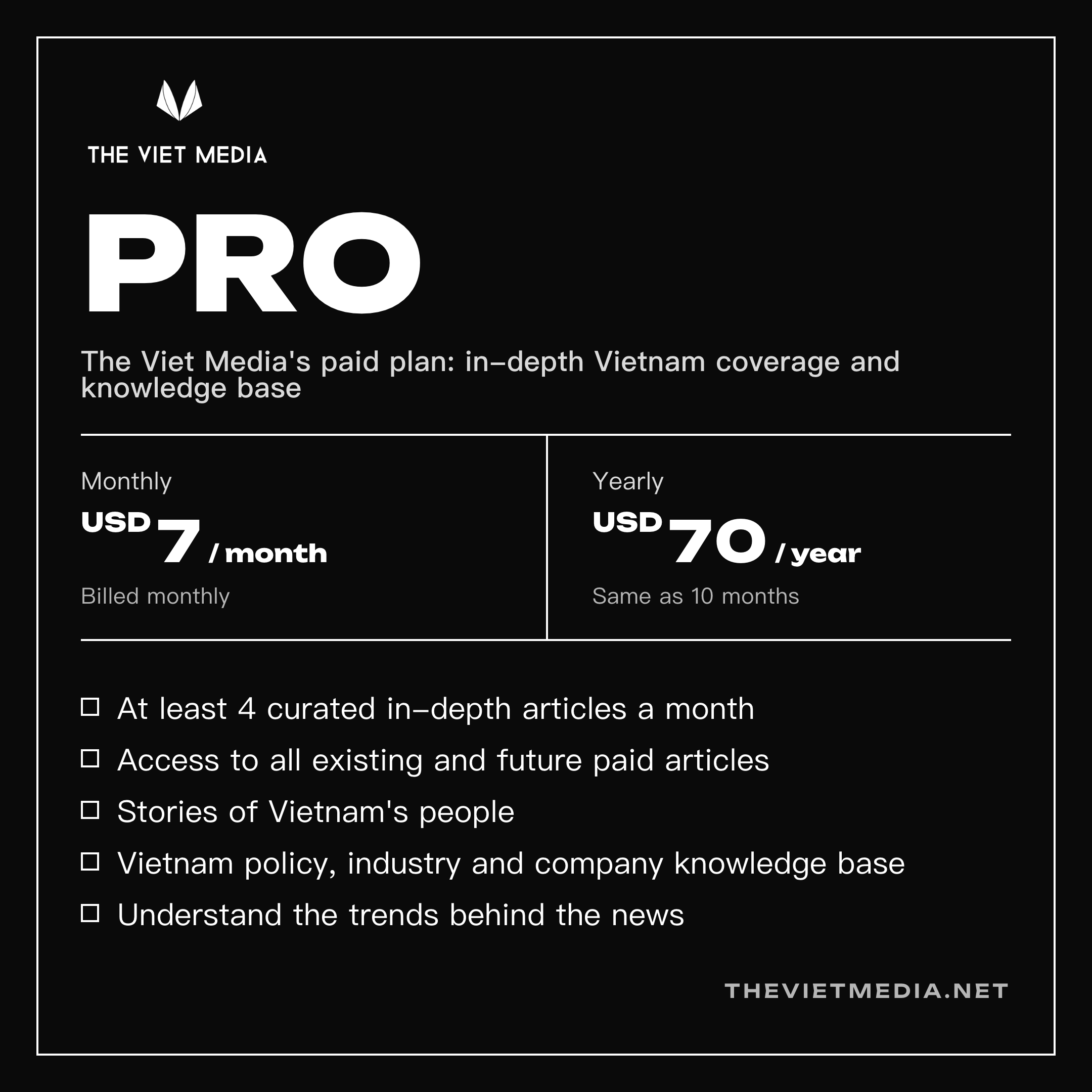 The Viet Media Pro plans and pricing