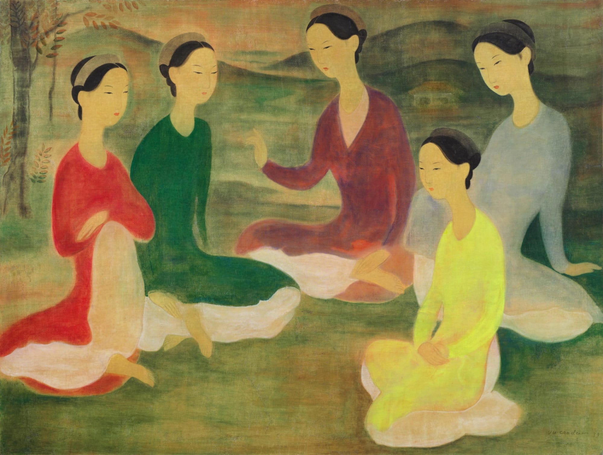 Vu Cao Dam's 1939 silk painting Conversation d'élégantes au jardin: five women in áo dài of different colours. Image: Sotheby's