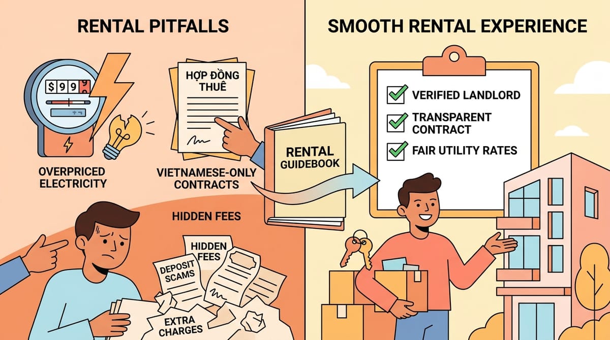 Illustrated comparison of rental pitfalls and a smooth rental experience in Vietnam