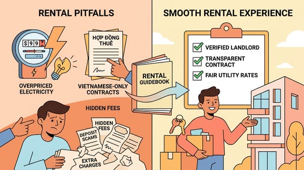 Illustrated comparison of rental pitfalls and a smooth rental experience in Vietnam