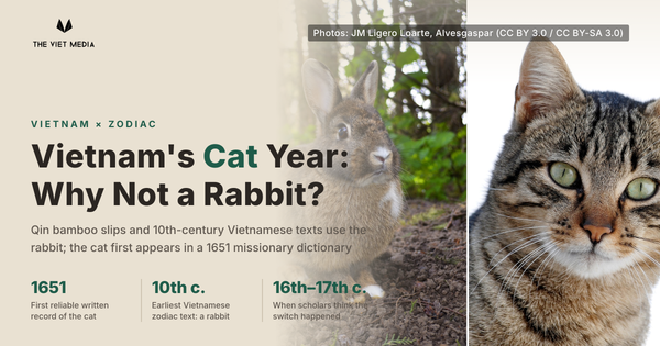 A rabbit on the left and a tabby cat on the right, with the headline Vietnam’s Cat Year, Why Not a Rabbit