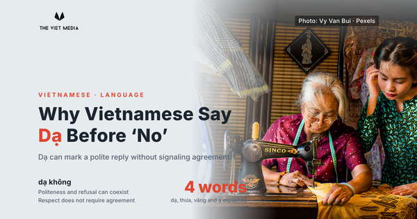 A young woman learning beside an elderly seamstress in Vietnam, with the headline “Why Say Dạ Before No?”