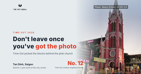 The pink facade and bell tower of Tan Dinh Church in Ho Chi Minh City at dusk